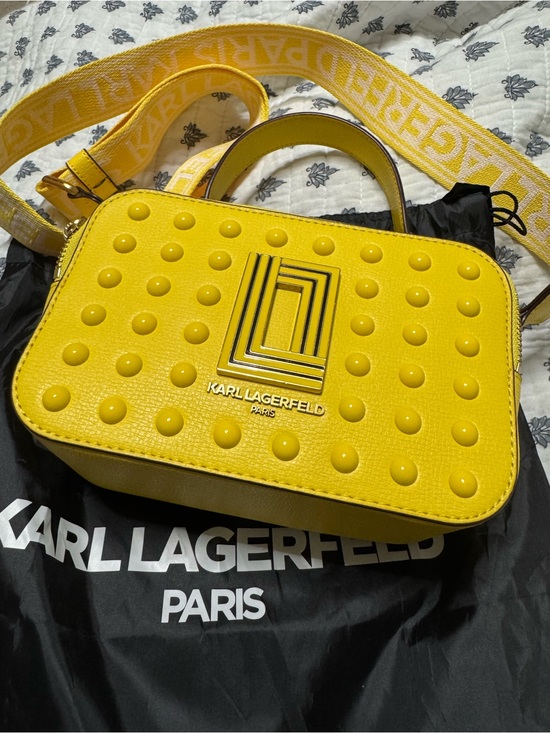 Karl Lagerfeld Handbags - Karl Lagerfeld Yellow Stud-Embellished Crossbody Bag with Logo Plaque